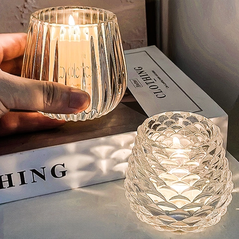 Glass Candle Holder And Tealight Candles Decorative Ornament Transparent Textured Cup For Home Wedding Table Decor