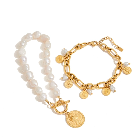 Pulsera De Acero Inoxidable Chapado En Oro De 18K Perla De Agua Dulce Colgante Moneda Vintage Cierre OT Impermeable Para Mujer