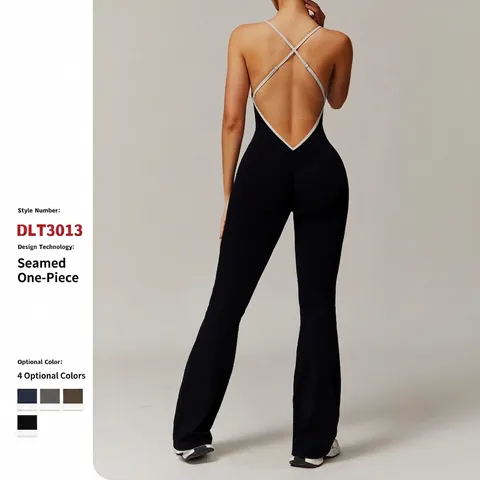 Damen Yoga Jumpsuit Rückenfrei Kreuzgurt Ausgestelltes Bein Kontrastpaspel Unitard Fitness Gym Bodysuit