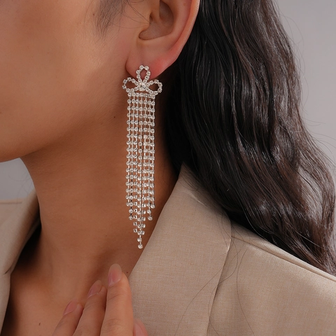 Strass Schleife Lange Quasten Ohrhänger Mit Silbernem Ohrstecker Kupfer Eleganter Schmuck Für Damen