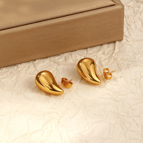 Stainless Steel Water Drop Stud Earrings Women 18K Gold Plated Teardrop Glossy Hammered Minimalist Fashion Jewelry