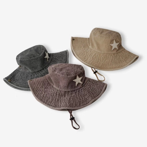 Cappello da Cowboy Occidentale da Donna in Cotone Lavato Protezione Solare Con Toppa a Stella Cordino Antivento Vintage Outdoor