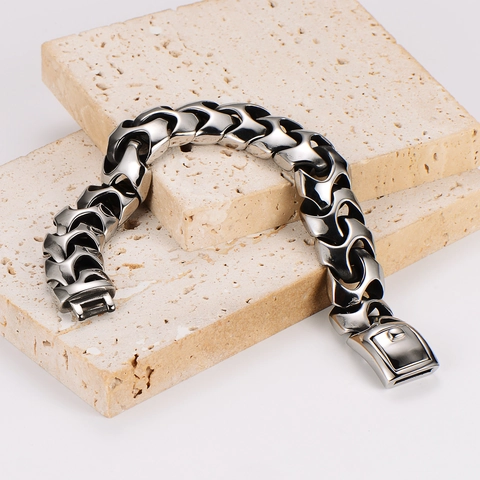 Pulsera De Hombre De Acero Inoxidable 304 Cadena Geométrica Hueca Estilo Industrial Pesado Punk Streetwear Joyería