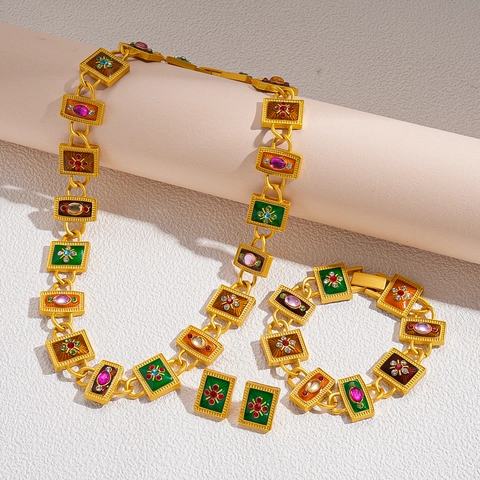 Gioielli Palazzo Vintage Smalto Colorato Strass Collana Bracciale Orecchini Rettangolari Geometrici Donna