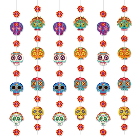 Mexico Day Of The Dead Hanging Garland Skull Flower Paper Banner Ceiling Party Decor Prop Decoration