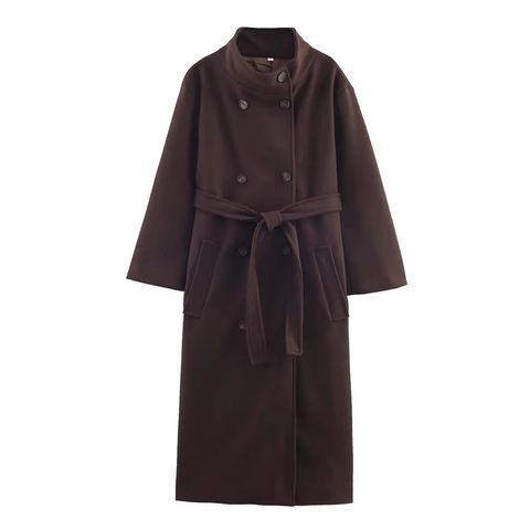Lange Wollen Jas Voor Dames Dubbele Knoopsgat Met Riem Opstaande Kraag Wintermode Elegante Mantel
