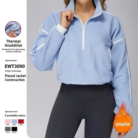 Chaqueta De Forro Polar Para Mujer Media Cremallera Cuello Alto Sudadera Corta Rayas En Contraste Pulóver Cálido Sport