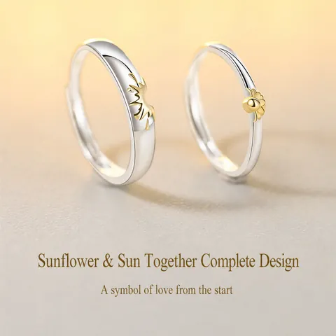 Sunflower Couple Rings Adjustable Open Finger Ring Copper Silver Plated Minimalist Jewelry Gift For Lovers Valentine