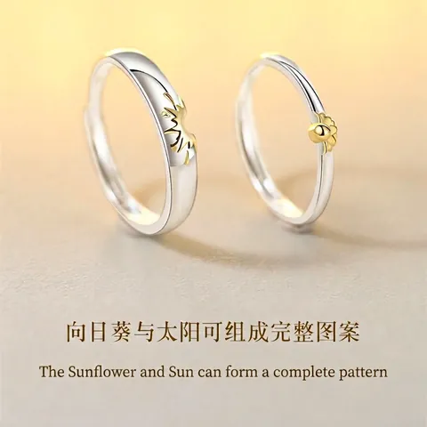 Anillos De Pareja De Girasol Anillo De Dedo Abierto Ajustable De Cobre Plateado Joyería Minimalista Regalo Para Enamorados Valentín