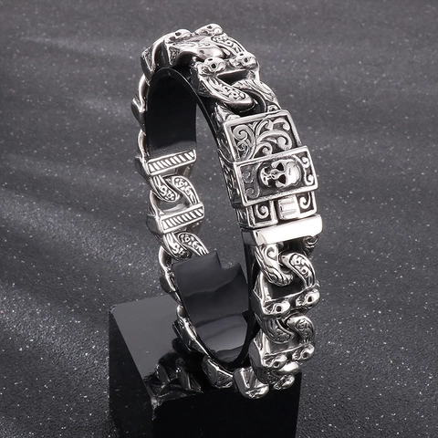 Skull Bracelet Men 316L Stainless Steel Punk Gothic Heavy Chain Jewelry Halloween Retro Dark Skeleton Rock Biker