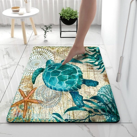 Bathroom Mat Diatom Mud Absorbent Non-Slip Sea Turtle Underwater World Sunset Landscape Rectangle Quick Dry Floor Pad