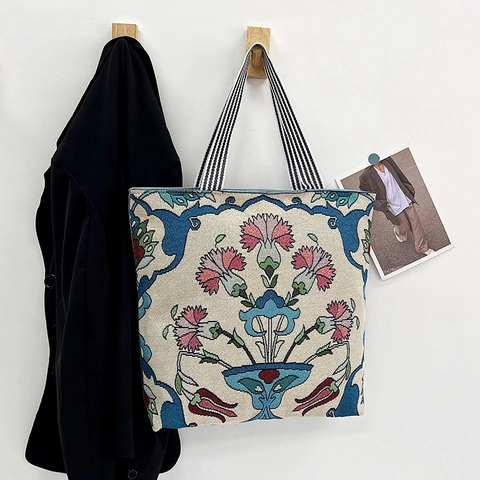 Bohemian Floral Embroidery Canvas Tote Bag Large Capacity Jacquard Handbag With Striped Handles Zipper Retro Ethnic Style
