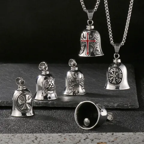 Collana Con Ciondolo A Campanella Vichinga In Acciaio Inossidabile Da Uomo Retro Gotico Biker Campanella Di Protezione Croce Alata Gioielli Massoneria