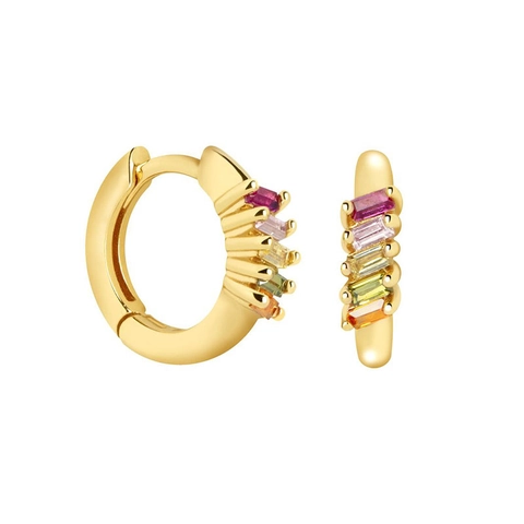 Orecchini A Cerchio Huggie Zirconia Arcobaleno Rame Con Perno In Argento Sterling 925 Gioielli Colorati Taglio Baguette