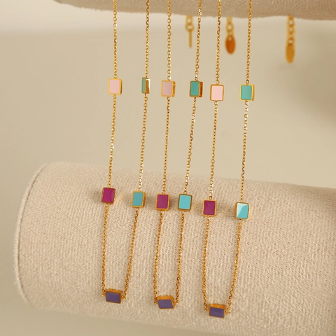 Colorful Enamel Rectangular Pendant Necklace Stainless Steel 18K Gold Plated Geometric Fashion Jewelry For Women