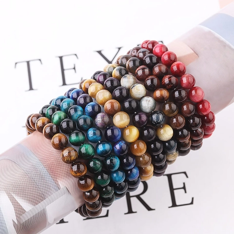 Natural Tiger's Eye Stone Bead Bracelet Polished Round Gemstone Elastic Jewelry For Men Women Cat Eye Effect
