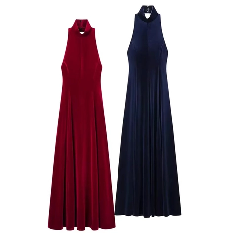 Abito Lungo In Velluto Allacciato Al Collo Schiena Scoperta Senza Maniche Elegante Tinta Unita Abito Da Sera Per Donna