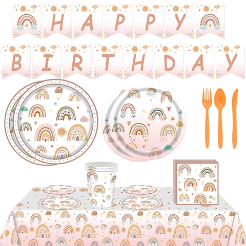 Boho Rainbow Birthday Party Tableware Plates Cups Napkins Tablecloth Banner And Cutlery Paper Plastic Decorative Supplies