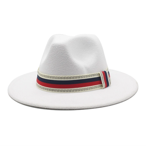 Wide Brim Wool Felt Fedora Hat Retro British Style Jazz Cap With Tricolor Greek Key Ribbon Band For Men Women