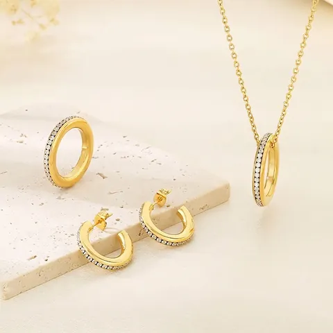 Joyas De Acero Inoxidable Circón Collar Anillo Pendientes De Aro Para Mujer Estilo Geométrico Minimalista