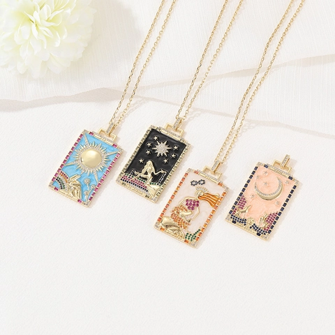 Tarotkarten Anhänger Halskette Messing 14K Vergoldet Emaille Bunte Zirkonia Himmlische Sonne Mond Sterne Schmuck