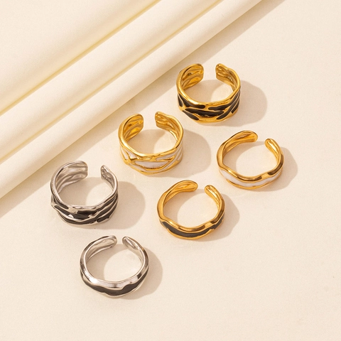 Anillo Ajustable Abierto Minimalista de Acero Inoxidable 304 Mujeres Hombres Esmalte Geométrico Onda Irregular Joyería