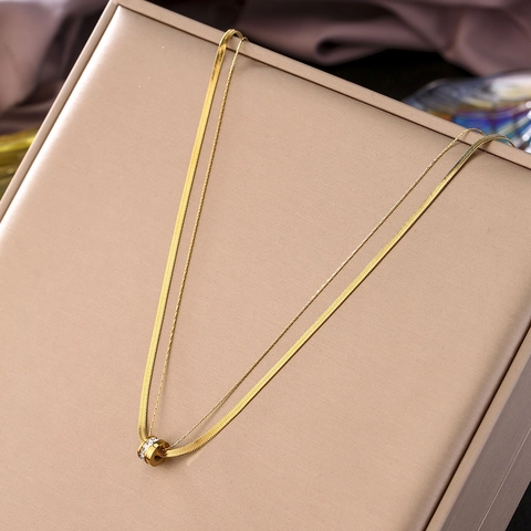 Minimalist Titanium Steel Double Layer Snake Chain Necklace Exquisite Rhinestone Cylinder Pendant Gold Silver Jewelry For Women