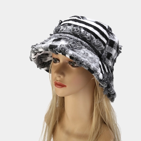 Cappello Alla Pescatora In Peluche Patchwork Retrò Per Donna Bordo Sfilacciato Strisce Geometriche Scacchi Inverno Caldo Spessa Cuffia