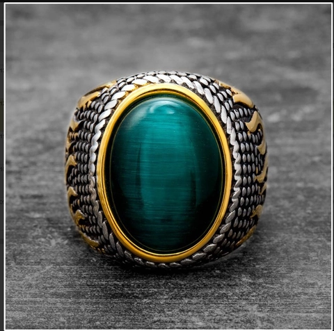 Anello Vintage Da Uomo In Acciaio Inossidabile 316 Con Pietra Occhio Di Gatto Verde Bicolore Fiamma Intagliata Punk Gotico