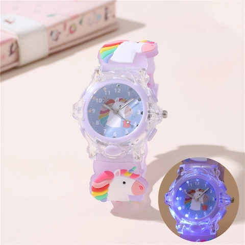 Kids Cartoon Unicorn LED Luminous Quartz Watch Plastic Case Silicone Strap Analog Display Colorful Timepiece For Children