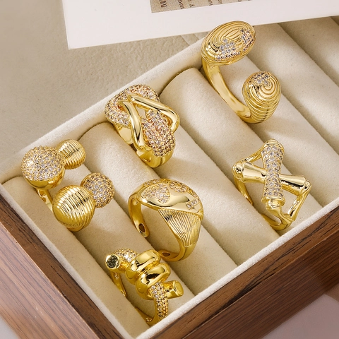 Adjustable Open Ring Zircon Inlaid Copper Gold Plated Irregular Geometric Letter Jewelry For Women
