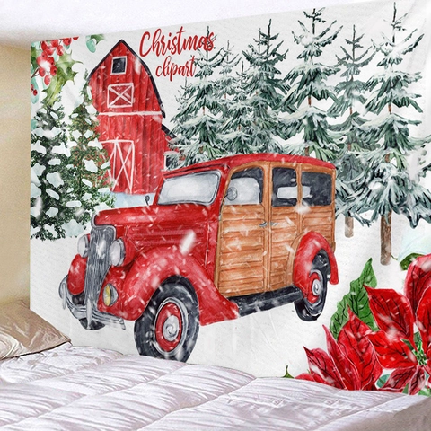 Arazzo Di Natale Poliestere Appeso A Parete Sfondo Acquerello Cartone Animato Babbo Natale Camion Rosso Arredamento Casa