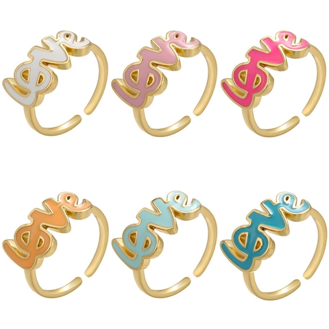Love Letter Script Emaille Ring Messing Verguld Verstelbaar Kleurrijke Sieraden Voor Vrouwen