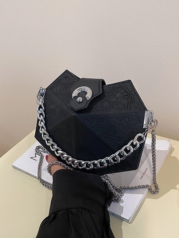 Geometric Hexagon Shoulder Bag PU Leather Lace Floral Chic Elegant Chunky Silver Chain Crossbody Small Trendy Purse