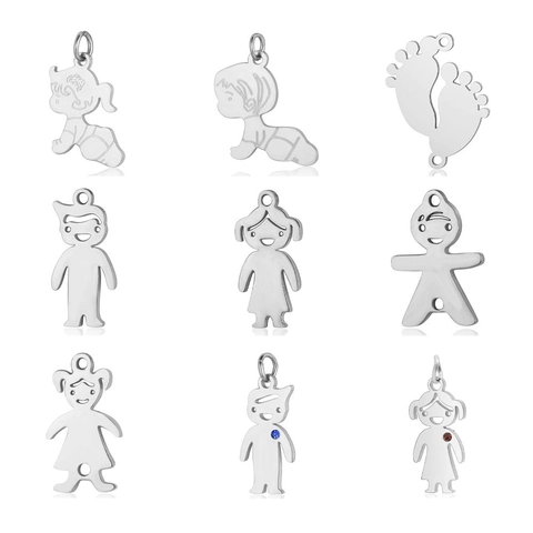 Pendentif Personnage de Famille en Acier Inoxydable pour Création de Bijoux DIY Dessin Animé Garçon Fille Bébé Empreintes Or Argent Plaqué Charms pour Collier Bracelet Accessoires Bijoux Femme Enfants