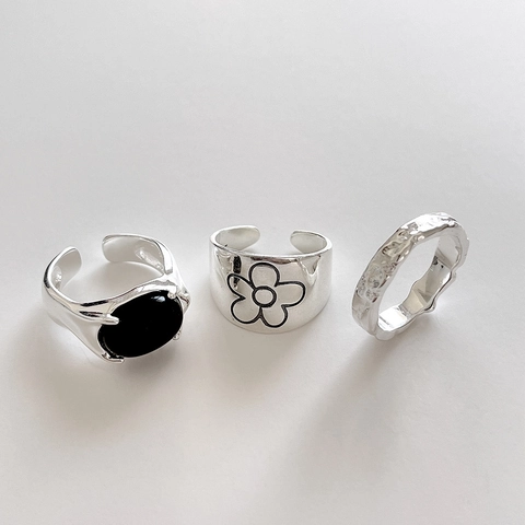 925 Sterling Silber Ringe Mit Schwarzem Onyx Und Blumenmuster Verstellbarer Texturierter Vintage Schmuck