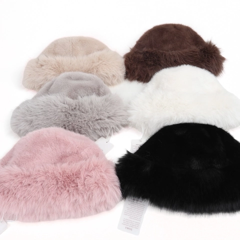 Winter Thick Faux Rabbit Fur Bucket Hat For Women Warm Windproof Mongolian Hat Solid Color Plush Fisherman Hat Outdoor Travel Cap Accessories