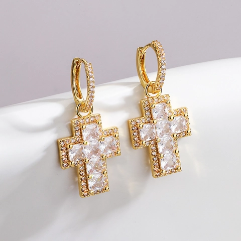 Pendientes De Aro De Cobre Bañados En Oro Con Colgante De Cruz Circonita Piedra Colorida Geométrico Joyería Para Mujer