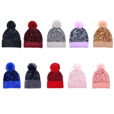 Gebreide Muts Met Lovertjes En Pompon Van Kunstbont Pluche Rand Warme Wintermuts Voor Dames