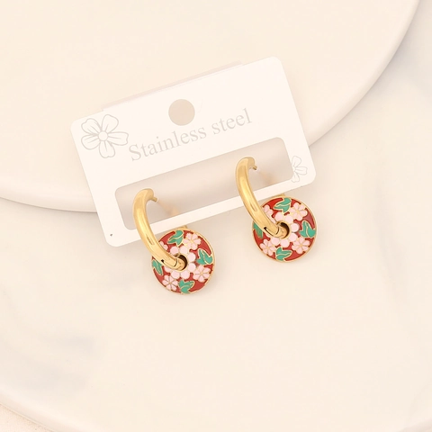 Vintage Stainless Steel Enamel Floral Pattern Stud Earrings Bohemian Colorful Round Geometric Jewelry For Women