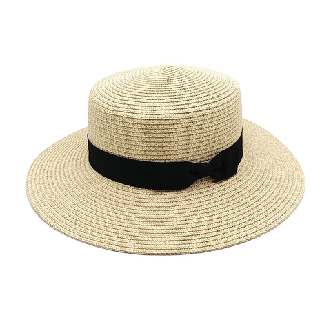Boater Hat Summer Straw Woven Sun Hat Flat Top Wide Brim Vintage British Style Elegant Ribbon Bow Beach Travel Women