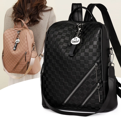 Mochila De Moda Para Mujer De Cuero PU Gran Capacidad Patrón De Cuadros Bolso De Viaje Con Múltiples Bolsillos