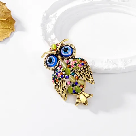 Luxe Vintage Uil Brosche Pin Veelkleurige Strass Dier Brosche Voor Vrouwen Mannen Goud Legering Pak Jas Accessoire Mode Sieraden Cadeau