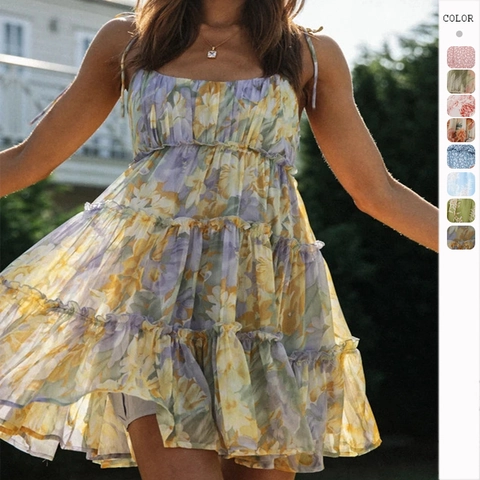 Vestito Mini Floreale Con Spalline Sottili Da Donna Estate A Balze Con Volant Stile Boho Chiffon Sexy Senza Maniche