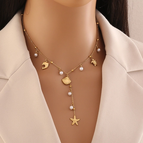 Roestvrijstalen Oceaan Thema Bedelketting Met Imitatieparels Dolfijn Zeester Schelp Octopus Schildpad Hangers Verguld