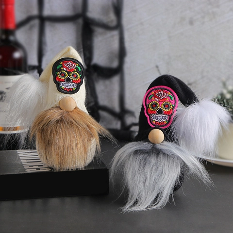 Gnome De Jour Des Morts En Peluche Broderie Crâne De Sucre Décoration D'halloween Poupée Sans Visage Pour Étagère De Table