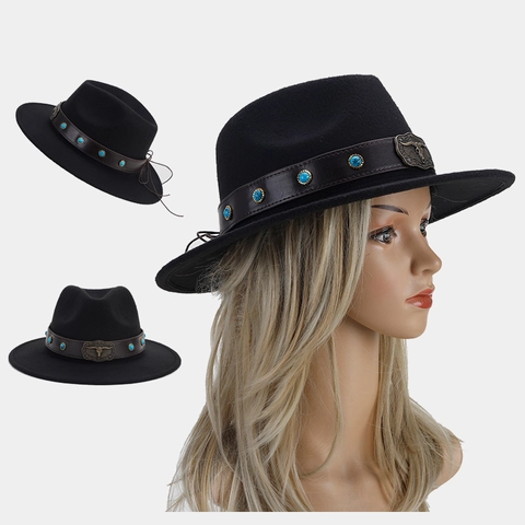 Vintage Black Wide Brim Fedora Hat Western Cowboy Jazz Hat with Ethnic Decorative Band Turquoise Bull Head For Women