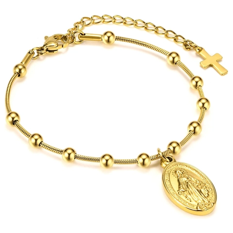 Stainless Steel Rosary Bracelet Gold Plated Beaded Chain With Virgin Mary Medal And Cross Charm For Women Religious Jewelry