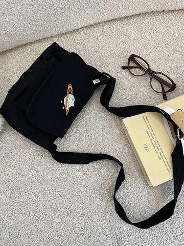 Black Women Crossbody Bag Canvas Planet Embroidery Flap Velcro Small Square Shoulder Bag Casual Daily Korean Ins Style