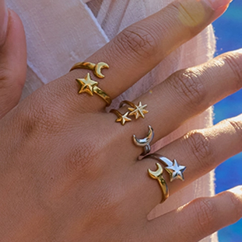 Stainless Steel Star And Moon Open Ring Adjustable Mixed Color Gold Silver Minimalist Niche Design Jewelry Women